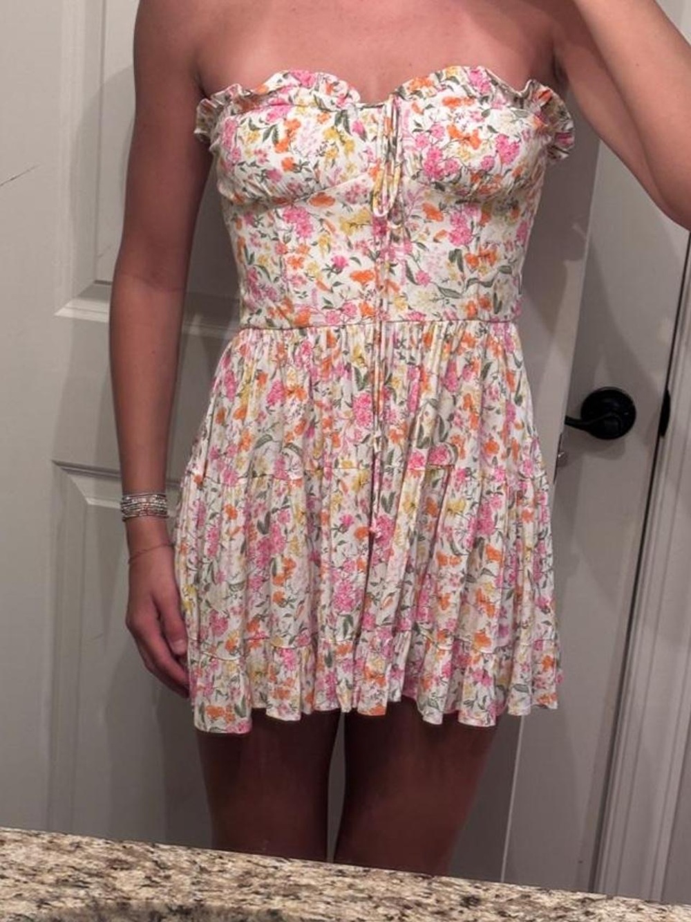 Floral Strapless Sundress - White with Pink & Orange Flowers